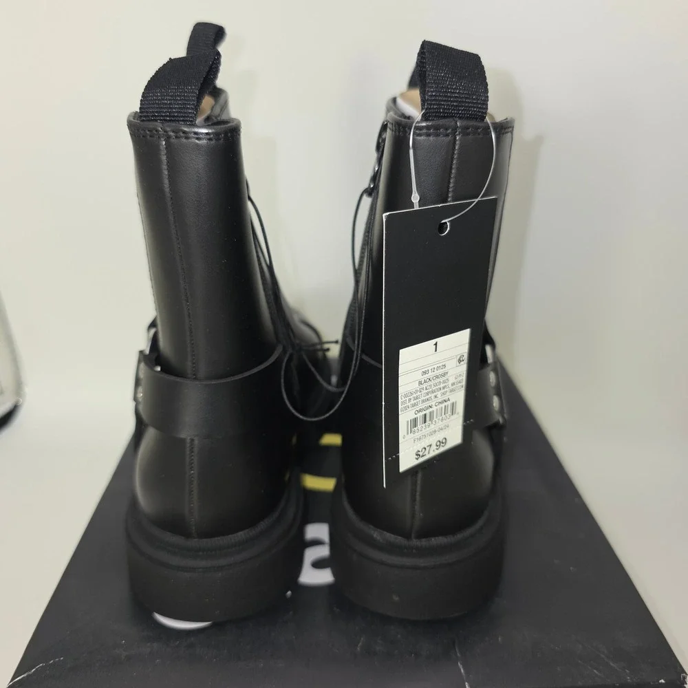 Art Class Crosby Boots Kids Size 1 Black New Harness Moto Lug Sole Side Zip